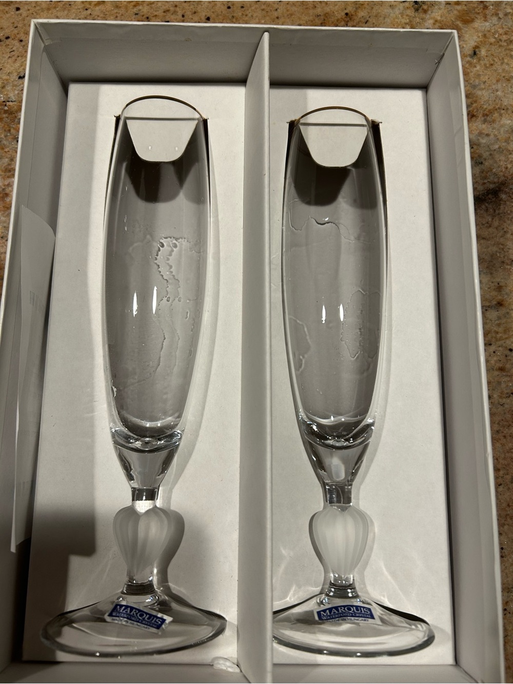 Waterford Crystal Gold Rim Frosted Heart Stem Toasting Flute Glasses. New in box